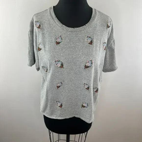REBECCA MINKOFF Floral Embroidered T-Shirt Top Tee Gray Cotton Crewneck Size L - Picture 2 of 9
